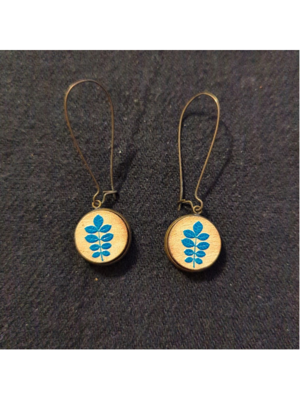 Bronze Tone Wood Embossed Blue Leaf Print Scandanavian Statement Earrings